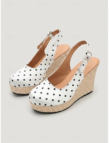  Witte espadrilles met stippen en sleehak voor dames - satijnen platformpumps met hielbandje voor eilandvakanties en zomerse tuinfeesten &cruise reizen