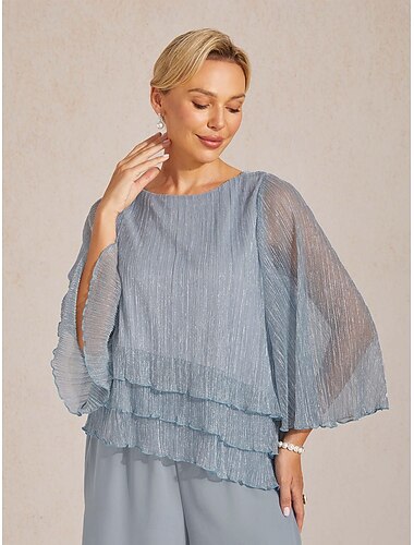  Mujer Blusa Tops elegantes Metálico Color sólido Elegante Manga 3/4 Campana Cuello Barco Tops regulares Diario Invitado a la boda Azul cielo Verano Primavera Otoño