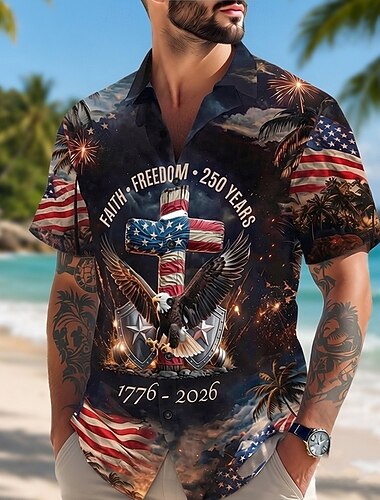  4 luglio 2026 250° Per uomo Aquila Bandiera Americana Camicia Camicia Estiva Camicia con Bottoni Manica Corta Patriotico All'aperto Festival Estate Primavera Collo ripiegato Stampa 3D camicie con