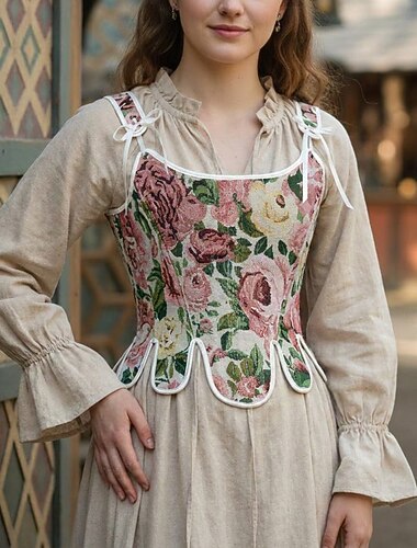  Kostymer i middelalderstil Renessanse Cottagecore Korsett Overbustkorsett Bodice Fe Blondér Blomstret Kostyme Dame fantasi Halloween Karneval Fritid / hverdag Renessansemesse LARP Voksne Korsett Vår