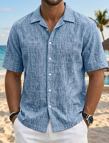  Homme Chemise Chemise en lin Chemise d'été Tenue de plage Chemise Boutonnée Couleur Unie Occasionnel Vacances Blanche bleu marine Bleu Ciel Vert Manche Courte Col de chemise Été Printemps Vêtement