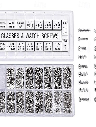  Edelstahl-Brillenschrauben-Reparaturset, Sortiment kleiner Schrauben, Muttern und Unterlegscheiben für Brillen und Uhren (1000 Stück)