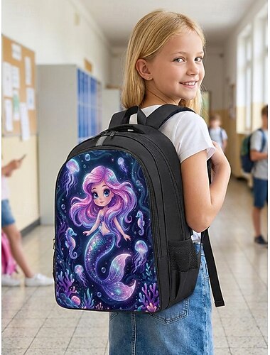  Meerjungfrauen-Schulrucksack für Mädchen, geräumiger Polyester-Rucksack mit mehreren Fächern und reflektierenden Gurten &Kofferhülle mit niedlichem Meeresfantasie-Print für Schule und Reisen