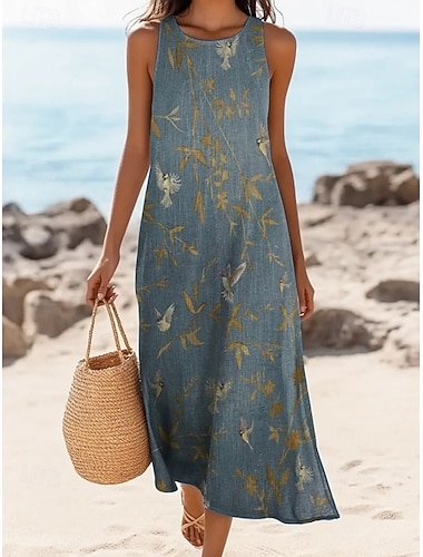  Dames Halflange jurk Hemdjurk Zonnejurk A lijn jurk Vakantie Casual Boho Strand Feest Uitgaan Normale pasvorm Bloemig Grafisch Mouwloos Strakke ronde hals Zwart Blozend Roze Grijs Zomer Lente