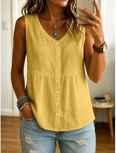  Mulheres Tanque Côr Sólida Vintage à moda Casual Sem Manga Decote V Tops regulares Casual Diário Azul Preto Branco Amarelo Vermelho Verão Primavera