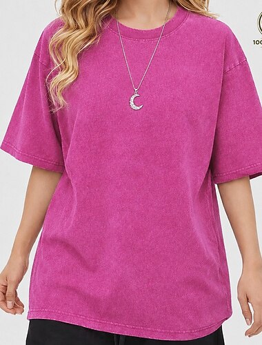  softfade™ dames T-shirt van 100% katoen, plus size, oversized, vintage gewassen, stijlvol, klassiek, korte mouwen, ronde hals, regular top, dagelijks, uitgaan, blauw, zwart, mintgroen