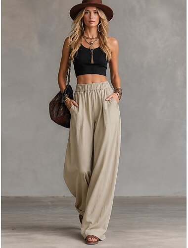  Dames Breed Been Pakken Recht Modieus Basic Volledige lengte Hoge taille Effen Zak Elastische taille Comfort Comfortabel Ademend Inelastisch Dagelijks Kantoor Vakantie As Grijs Groen Abrikoos Taling