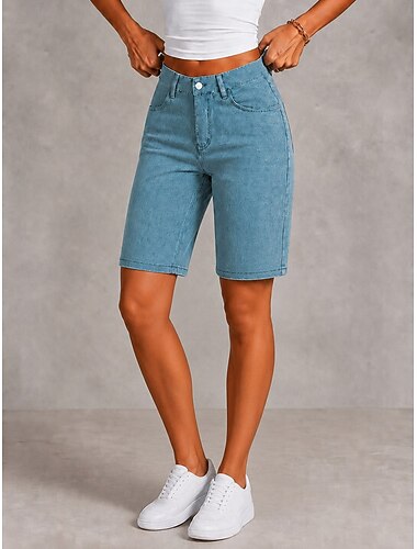  Mulheres Jeans Ganga Calção Burmuda Shorts Moda Comprimento do joelho Cintura Alta Clássico Conforto Férias Formal Preto Azul Claro Cinzento Verão Primavera Normal