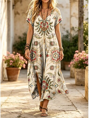  Dam Midiklänning Skiftklänning Ledigt Normal Blommig Geometrisk Abstrakt Kortärmad V-hals Vit Grön Beige Sommar Vår