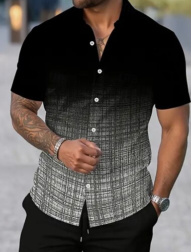  Herren Geometrisch Karo / Karomuster Farbverlauf Hemd Sommerhemd Knopfhemd Kurzarm Lässig Täglich Outdoor Urlaub Sommer Frühling Umlegekragen 3D-Druck Hemden mit Kragen Blau Schwarz Rosa Rote Braun