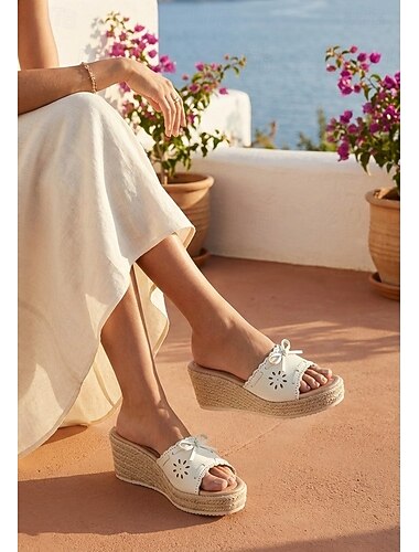  Sandali con zeppa espadrillas da donna azzurri - eleganti ciabatte a fascia tagliate al laser con dettaglio a fiocco per vacanze in crociera di lusso e feste estive sul ponte. &abbigliamento da resort