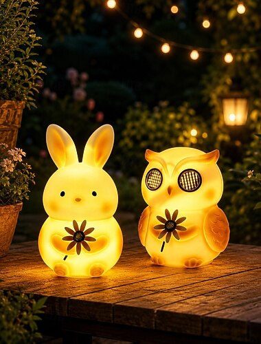  utendørs solcelledrevne dyrehagelys, vanntette kanin- og uglefigurlys i plast, solcelledrevne dekorative hagelys for terrasse, plen, gangsti, blomsterbed, festdekor