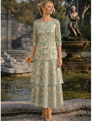  A-linje Ankellengde Gjestekjole til bryllup Kjole til brudens mor Halvlange ermer Øsehals Elegant Formell Semi-formelt Foliert Jersey med Blomstertrykk Plissert Drapert