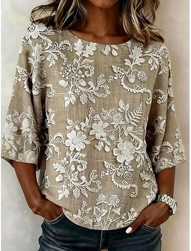  Dames Blouse Afdrukken Bloemig Grafisch Bohemen Vintage Tropisch 3/4 mouw Strakke ronde hals Normale tops Casual Dagelijks Vakantiekleding blauw Lichtgroen Donkergroen Abrikoos Zomer Lente