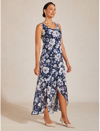  Per donna Abito Midi Abito a trapezio Elegante Vacanza Ospite di nozze Cocktail party Asimmetrico Vestibilità regolare Floreale Senza Maniche Girocollo Blu marino
