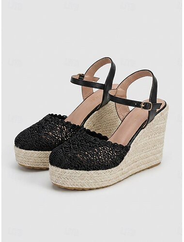 Zwarte espadrilles met sleehak van gehaakt kant voor dames - boho open platform sandalen met enkelbandje, perfect voor eilandvakanties en strandfeestjes. &zomervakanties op een cruiseschip