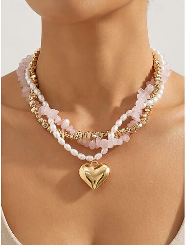  Damhalsband med lager på lager och imitationspärlor, rosa stenar och guldpärlor, elegant chokerhänge för vardagsbruk, semester, trädgårdsfest och semiformella tillfällen