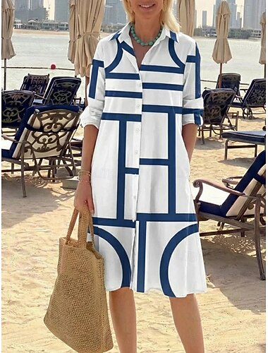  Per donna Abito Midi Abito a trapezio Abito aderente Vacanza Compleanno Casual Spiaggia Uscire Vestibilità regolare Grafico Geometrico Manica Lunga Bavero Blu Nero Rosso Estate Primavera