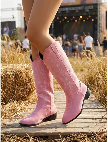  Stivali da cowboy western rosa da donna - stivali alti al ginocchio in finta pelle scamosciata ricamata, perfetti per festival musicali all'aperto e outfit da Coachella. &concerto country