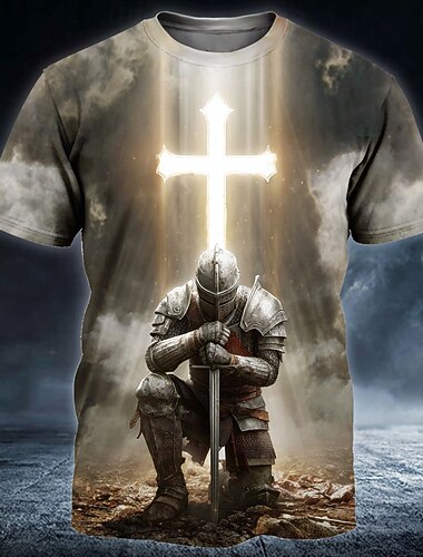  Homens Cavaleiros Templários Cruz Camiseta Manga Curta Camiseta Impressão 3D Gola Redonda Camisa Religioso Rua Dark Party cáqui Cinzento Todas as Estações Roupa S M L XL XXL XXXL