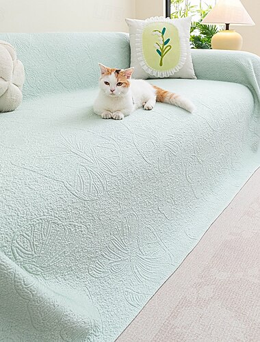  夏に涼しいアイスシルクソファカバー - 滑り止めジャカードソファカバー - 通気性があり、猫の爪に強い家具保護カバー &一体型ブランケット