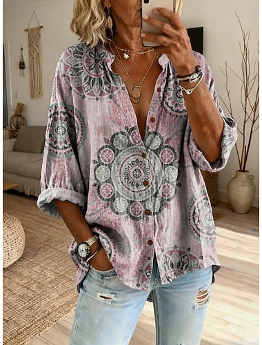  Dames Overhemd Blouse Lapwerk Knop Bloemig Grafisch Paisley Vintage Stijlvol Klassiek Lange mouw V-hals Overhemdkraag Stomp Hals Lange tops Casual Dagelijks Feestdagen blauw Grijs-Groen Blozend Roze