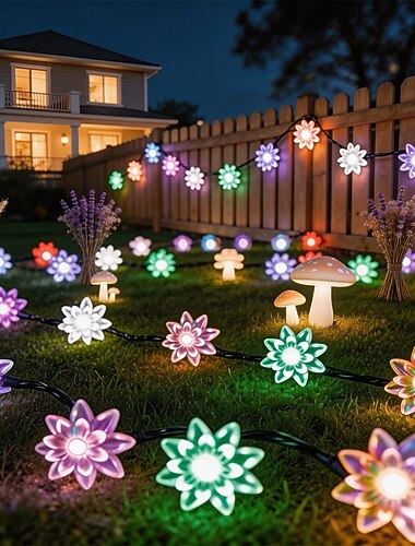  Cordão de luzes solares de LED em formato de lótus, 50/100 LEDs, 7/10 m, à prova d'água, para uso externo em jardins, varandas, cercas, feriados, quintais, casamentos, festas e Natal.