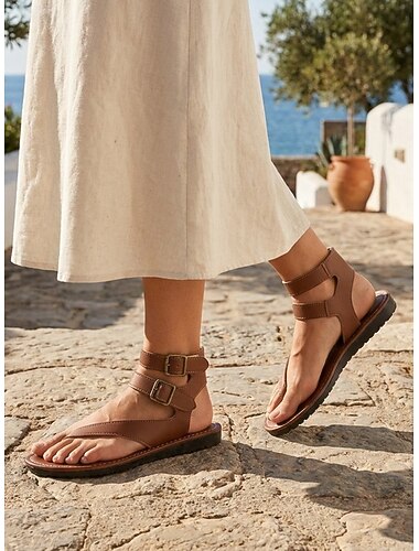  Sandali da donna retrò in pelle con cinturini - sandali gladiatore bassi e casual con cinturino regolabile alla caviglia e fibbia, perfetti per vacanze su isole, spiaggia e crociere.