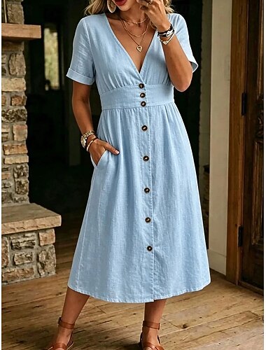  Mulheres Vestido midi Vestido casual Vestido A Line Férias à moda Casual Praia Festa Encontro Normal Tecido Manga Curta Decote V Azul Preto Branco Verde Verão Primavera