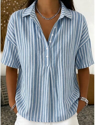  Per donna Camicia Grafico Geometrico A righe Vintage Elegante Manica Corta Collo ripiegato Scollo a V Top Regolari Casuale Quotidiano Ferie Blu Verde chiaro Rosa Estate Primavera