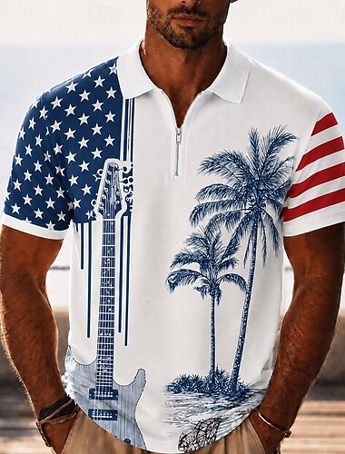  4 luglio 2026 250° Per uomo Bandiera Americana Palma Polo con zip Manica Corta Magliette polo Camicie con Colletto Casual Abbigliamento da sera Abbigliamento Quotidiano Stampa 3D Polo con cerniera a