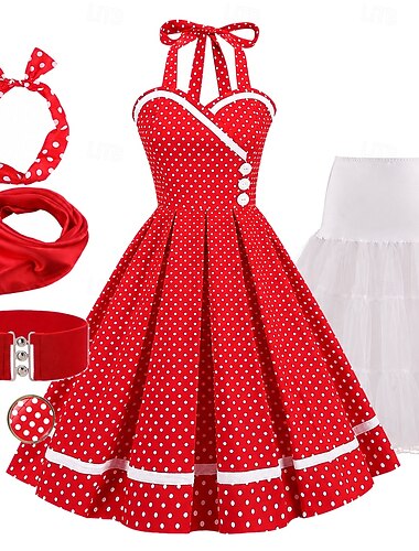  Conjunto Anos 50 Retro Vintage Longuette Anágua Vestido Coquetel Vestido swing com acessórios Justo & Evasê Fantasia Mulheres Baile de Máscaras Festival de Música Festa de Chá Adulto Vestido Vestidos