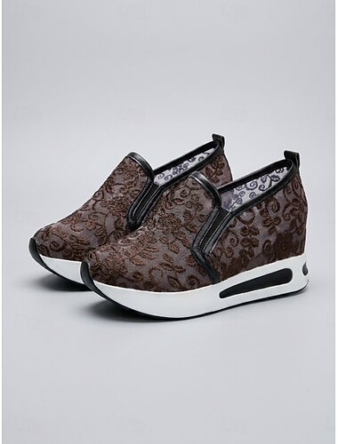  Damessneakers met sleehak, bruin en met bloemenborduursel van mesh - instapschoenen voor dagelijks gebruik en zomeractiviteiten, lichtgewicht en antislip, ideaal voor dagelijks dragen en zomerse