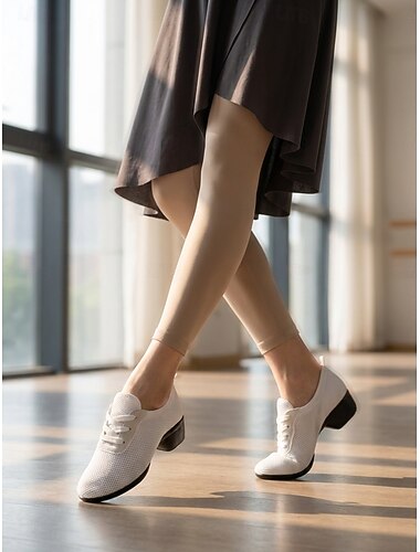  Scarpe da ballo da donna bianche in mesh traspirante – leggere, flessibili, con lacci, ideali per il ballo da sala &scarpe da jazz con tacco basso per balli latino-americani e salsa &allenamento di