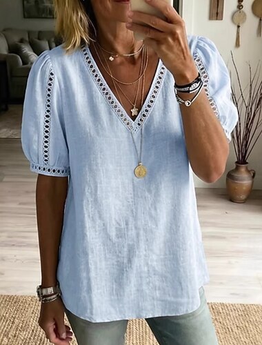  Mulheres Camisa de renda Top de emenda de renda Blusa Elegante Boêmia Manga Curta Manga lanterna Decote V Tops regulares Azul Claro Branco Verde Verão Primavera