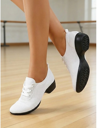  Scarpe da ballo da donna bianche in mesh traspirante – leggere, flessibili, con lacci, ideali per il ballo da sala &scarpe da jazz con tacco basso per balli latino-americani e salsa &allenamento di