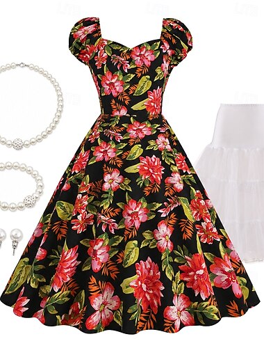  Conjunto Anos 50 Retro Vintage Rockabilly Longuette Até os Joelhos Vestidos Anágua Vestido de chá com acessórios Floral Justo & Evasê Balanço Fantasia Mulheres Natal Carnaval Ano Novo Renascimento