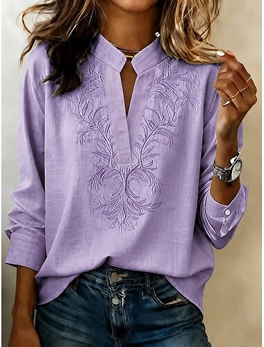  Mulheres Camisa Social Imprimir Floral Gráfico Vintage à moda Manga Longa Decote V Tops regulares Casual Diário Feriado Azul Rosa Roxo Verde Verão Primavera