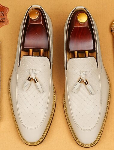  Luxe herenloafers van echt leer met witte kwastjes, elegante instapschoenen met geweven details, geschikt voor de bruidegom, bruiloftsgasten, banketten en avonden in resorts.