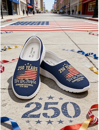  heren instapschoenen ter ere van het Amerikaanse jubileum - ademend &Lichtgewicht zwarte casual sneakers van mesh met '1776-2026' &Print met de Amerikaanse vlag, ideaal voor