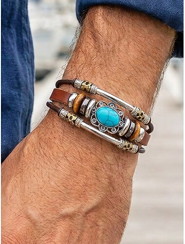  Bracciale da uomo in pelle turchese con teschio e dettagli in metallo, stile bohémien western, perfetto per un look casual e quotidiano.