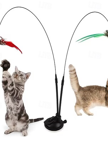  Varinha interativa para gatos com pássaros realistas, haste longa e dupla para uso sem as mãos, sino e ventosa forte para brincadeiras ativas.