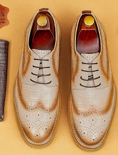  Chaussures Oxford à bout golf beige en cuir véritable de qualité supérieure pour homme, à lacets, style brogue, chaussures habillées de style vintage pour homme, idéales pour le marié, les invités de mariage, les cérémonies religieuses, les banquets et le