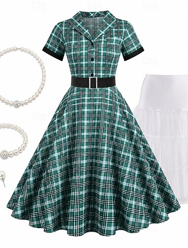  Conjunto Anos 50 Retro Vintage Rockabilly Longuette Vestidos Anágua Vestido swing com acessórios Xadrez / Guingão Justo & Evasê Balanço Fantasia Mulheres Dia dos namorados Renascimento Festa de Chá