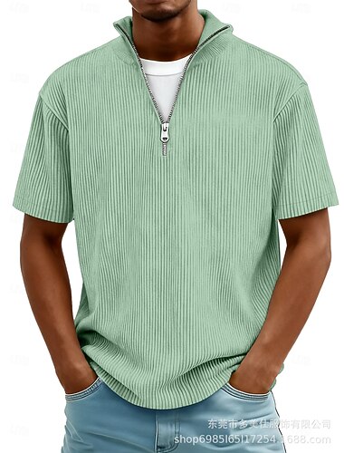  Homme Texturé Polo en Tricot Gaufré Occasionnel Quotidien Zip quart Manche Courte Mode Uni Fermeture éclair Printemps & Été Été Printemps Coupe régulière Bleu Vert Bleu de minuit Gris Texturé