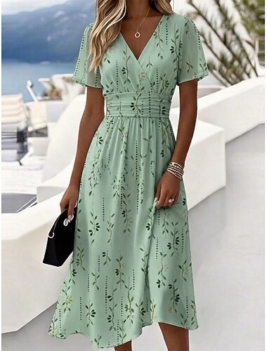  Per donna Abito Midi Abito a trapezio Vacanza Casual Boho Spiaggia Vestibilità regolare Floreale Grafico Manica Corta Scollo a V Blu Rosa Verde Albicocca Estate Primavera