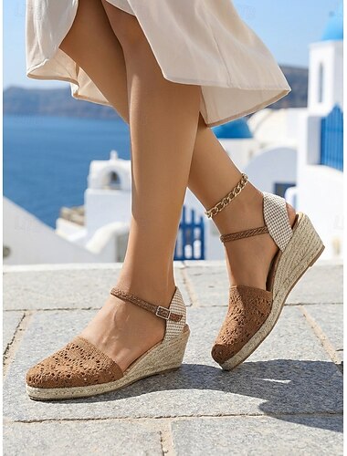  Witte espadrilles met sleehak van gehaakt kant voor dames - boho platform sandalen met open neus en gevlochten enkelbandje, perfect voor tropische strandvakanties en zomerbruiloften. &eilandvakanties