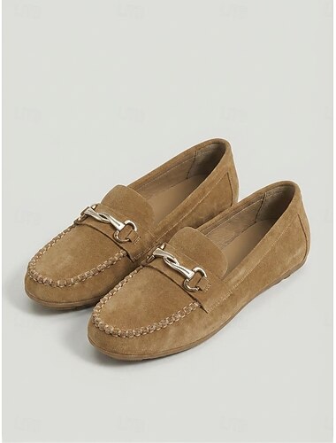  Klassieke bruine loafers van imitatie suède voor dames - zachte, lichtgewicht mocassin instappers met metalen gesp, comfortabele casual schoenen voor werk en reizen. &dagelijkse kleding