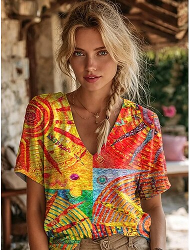  Femmes T-shirt Imprimé Fleuri Graphique Plantes Élégant Classique Occasionnel Manche Courte Col en V Hauts Réguliers Occasionnel Quotidien Jaune Orange Vert Été Printemps