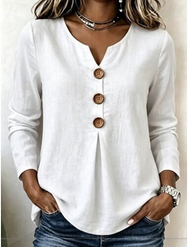  Mujer Camisa Color sólido Plano Bohemia Vacaciones Vintage Manga Larga Escote en Pico Tops largos Casual Azul Piscina Negro Blanco Rojo Beige Verano Primavera